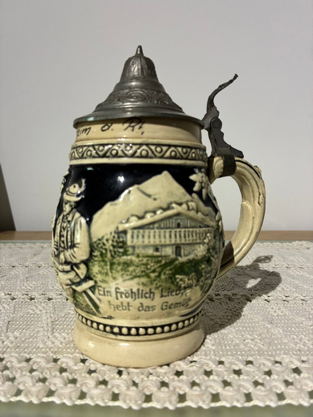 Vintage Duitse Bierpul met Tinnen Deksel, Rüdesheim am Rhein, Antiek en Kunst, Antiek | Porselein, Ophalen of Verzenden