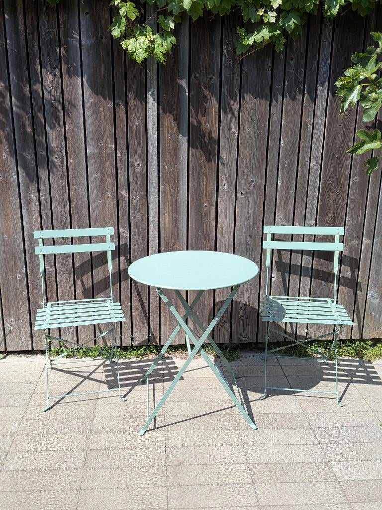 Bistro tuinset groen, Tuin en Terras, Tuinsets en Loungesets, Gebruikt, Bijzettafel, Aluminium, Tuinset