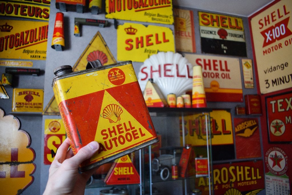 Zeldzame Autooel Shell olie blik uit 1930, Verzamelen, Merken en Reclamevoorwerpen, Ophalen of Verzenden, Gebruikt, Reclamebord