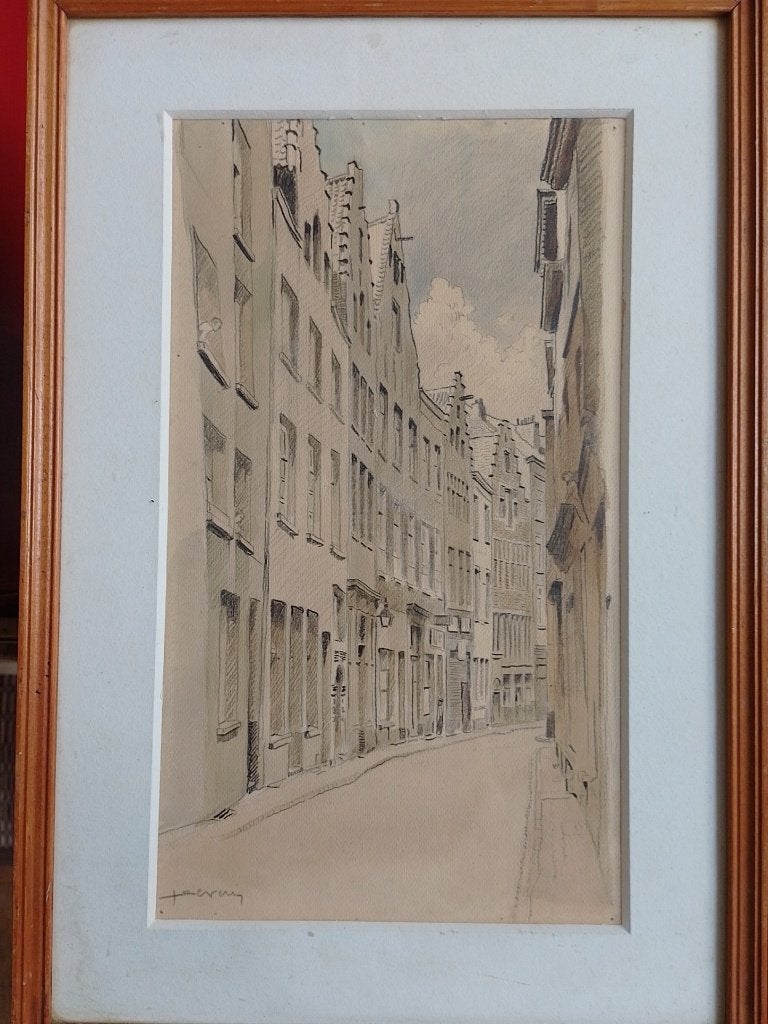 Juliaan Severin  1888 - 1975  Tekening Straatje Antwerpen, Antiquités & Art, Art | Dessins & Photographie, Dessin, Aquarelle, Signé