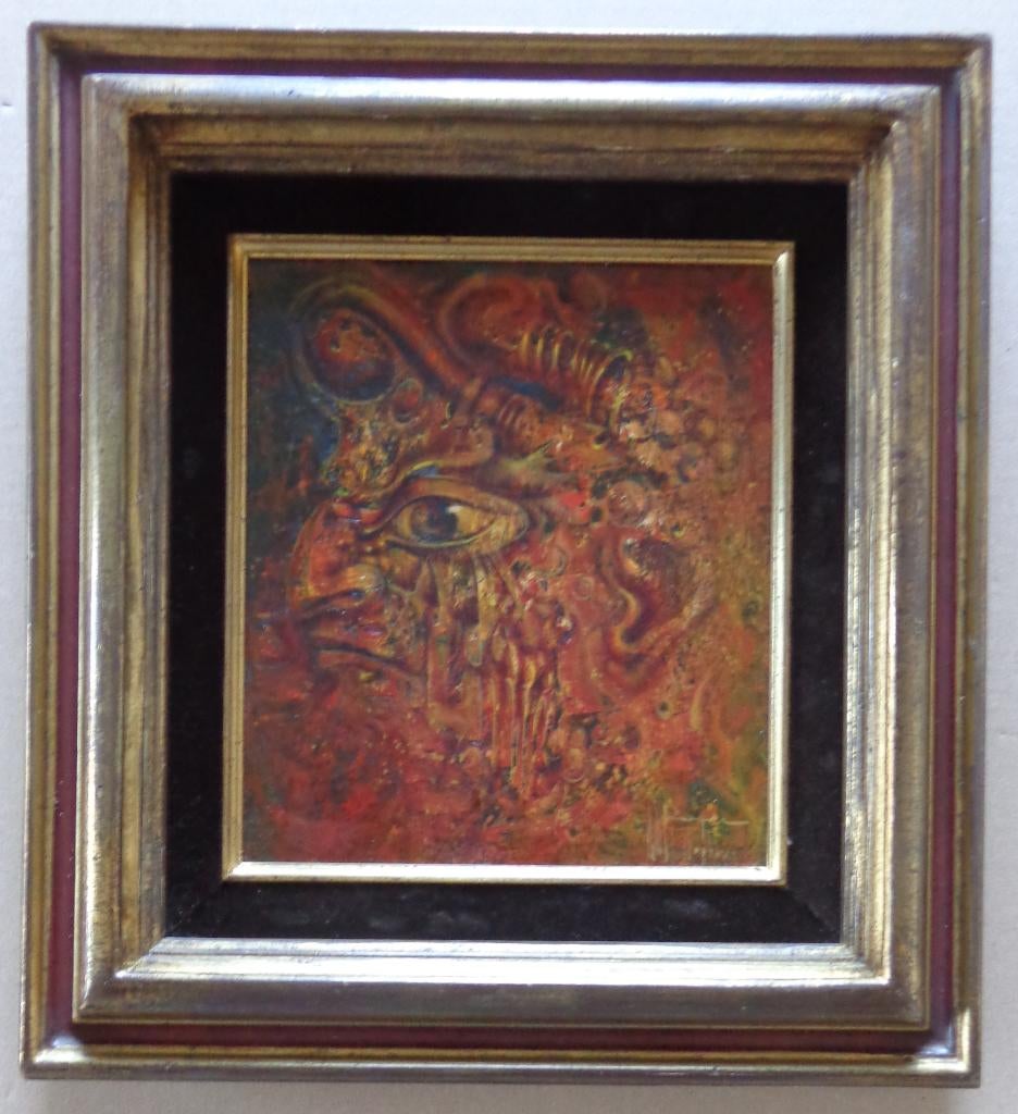 ROGER VAN BELLEGHEM / RODE FIGUUR / OLIEVERF / 33x30cm KADER, Enlèvement ou Envoi, Signé, Peinture à l'huile