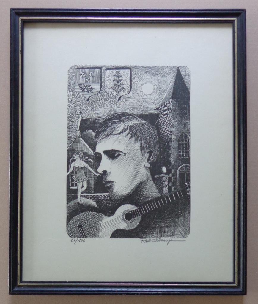 ROB DELANGE / JACQUES BREL / ZW-W LITHO / 46x38cm / KADER, Antiek en Kunst, Ophalen of Verzenden
