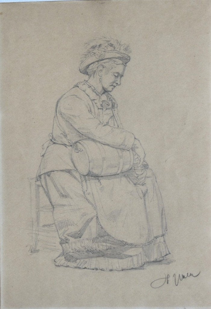 Lucien Wolles potloodtekening "Vrouw die uit Vaatje Schenkt", Antiek en Kunst, Kunst | Tekeningen en Fotografie, Ophalen, Tekening