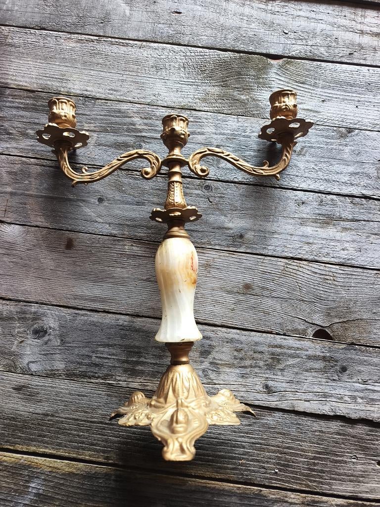 Chandelier vintage en laiton à 3 bras avec base en marbre/on, 25 à 50 cm, Autres couleurs, Enlèvement, Utilisé