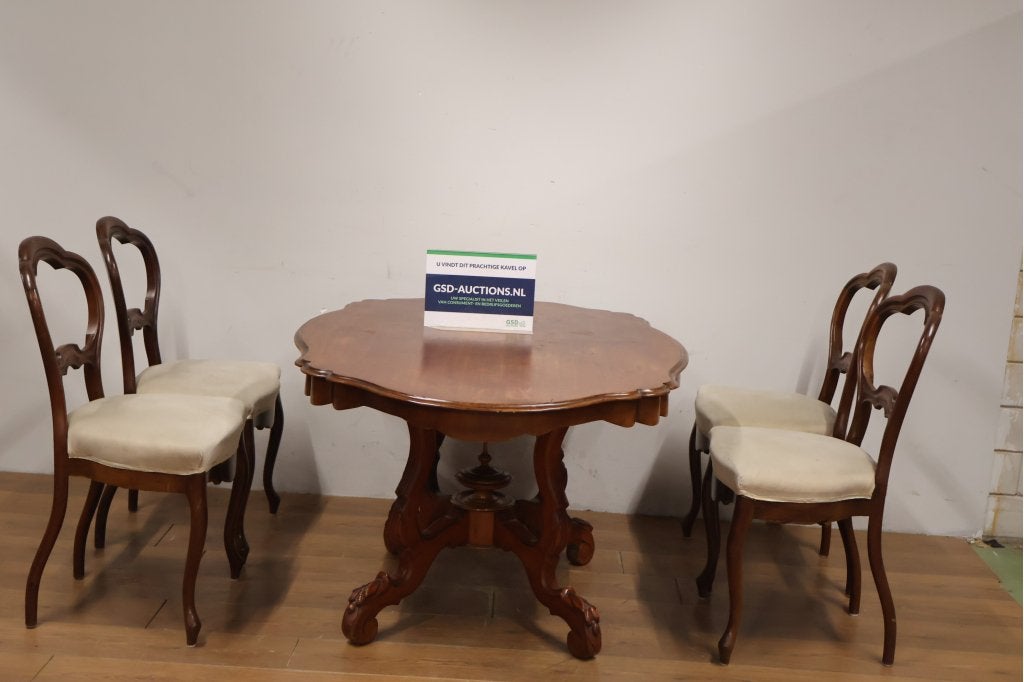 Antieke houten tafel met vier Biedermeier stoelen, Ophalen of Verzenden