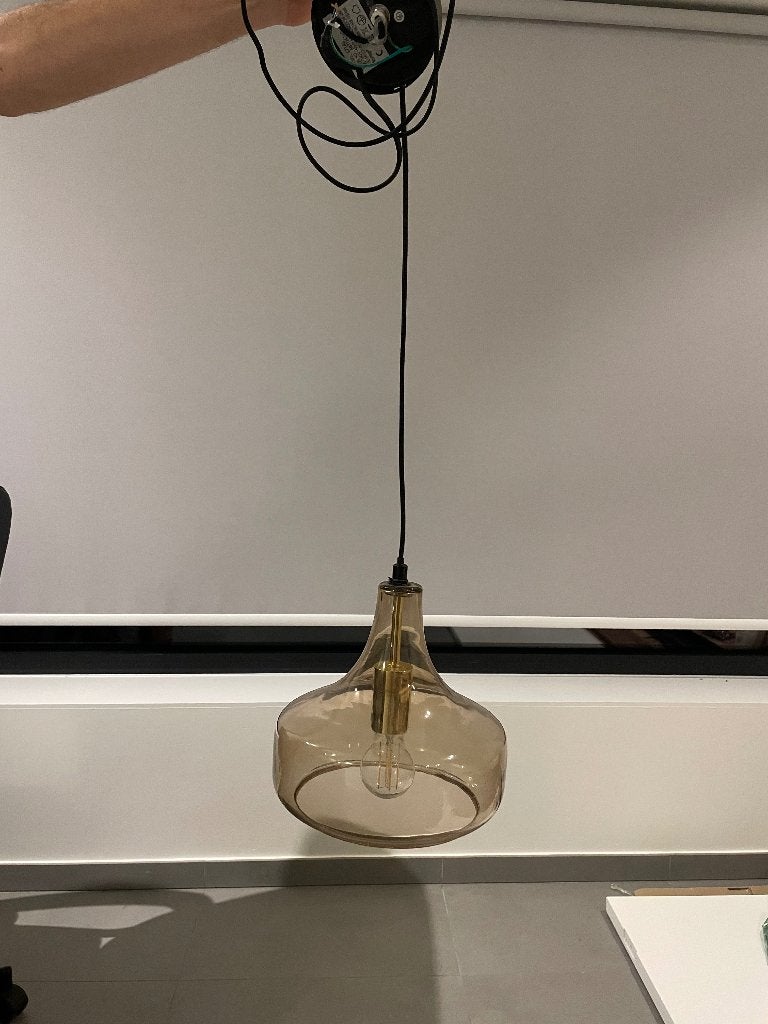 Amberkleurig hanglamp met glazen kap – retro, Ophalen, Zo goed als nieuw, Glas, Modern