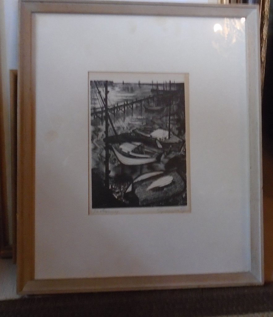 houtsnede litho boot aan kade, Antiek en Kunst, Kunst | Litho's en Zeefdrukken, Verzenden