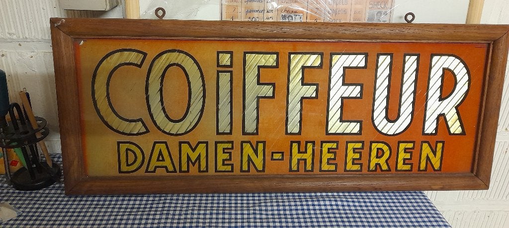 oud reclamebord voor kapperszaak/ tekst achter glas, Verzamelen, Ophalen of Verzenden, Reclamebord