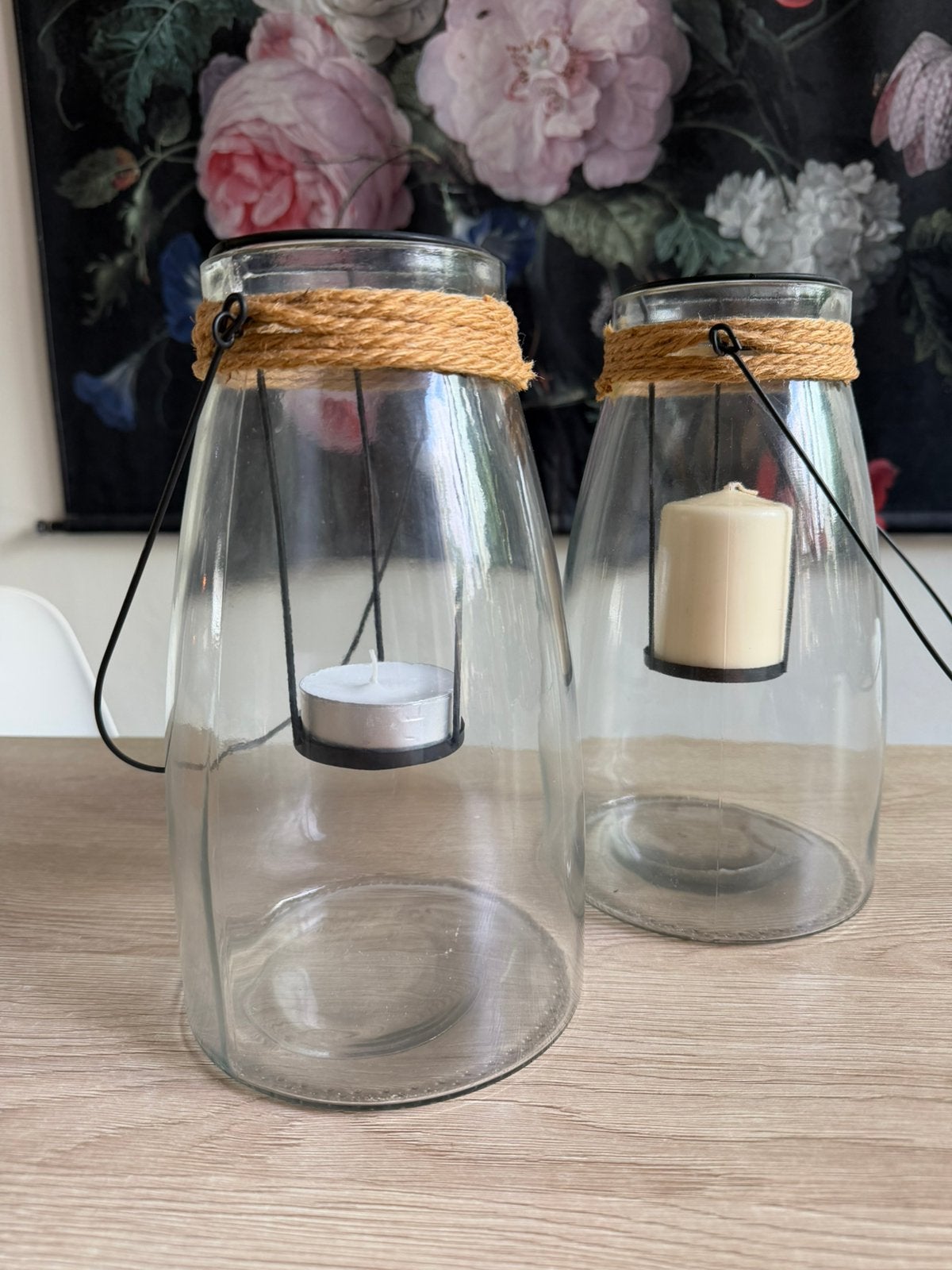 2 glazen windlicht, sfeervol zowel binnen als buiten, Ophalen of Verzenden, Zo goed als nieuw, Glas, Geschikt voor buiten