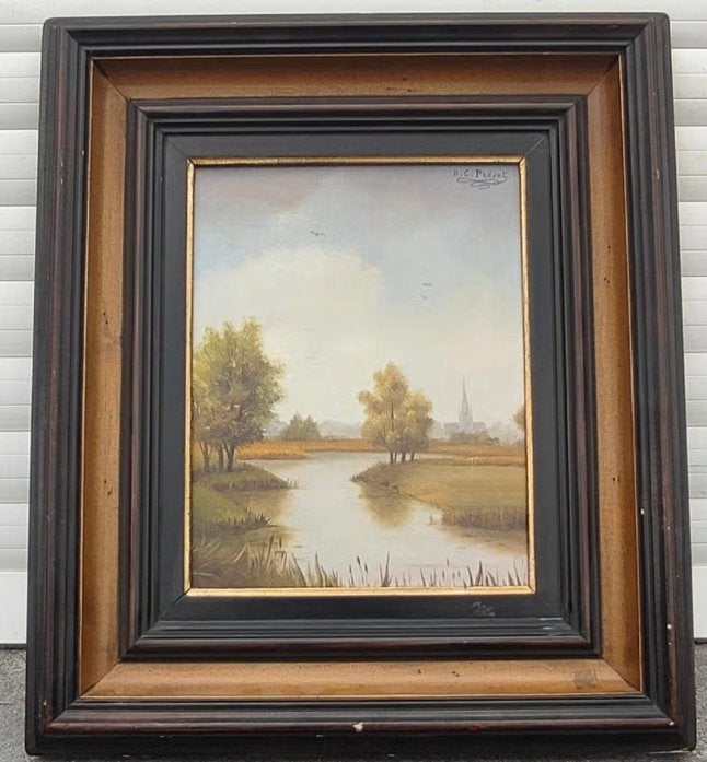 huile sur panneau village signe carl prevot, Enlèvement ou Envoi, Panneau