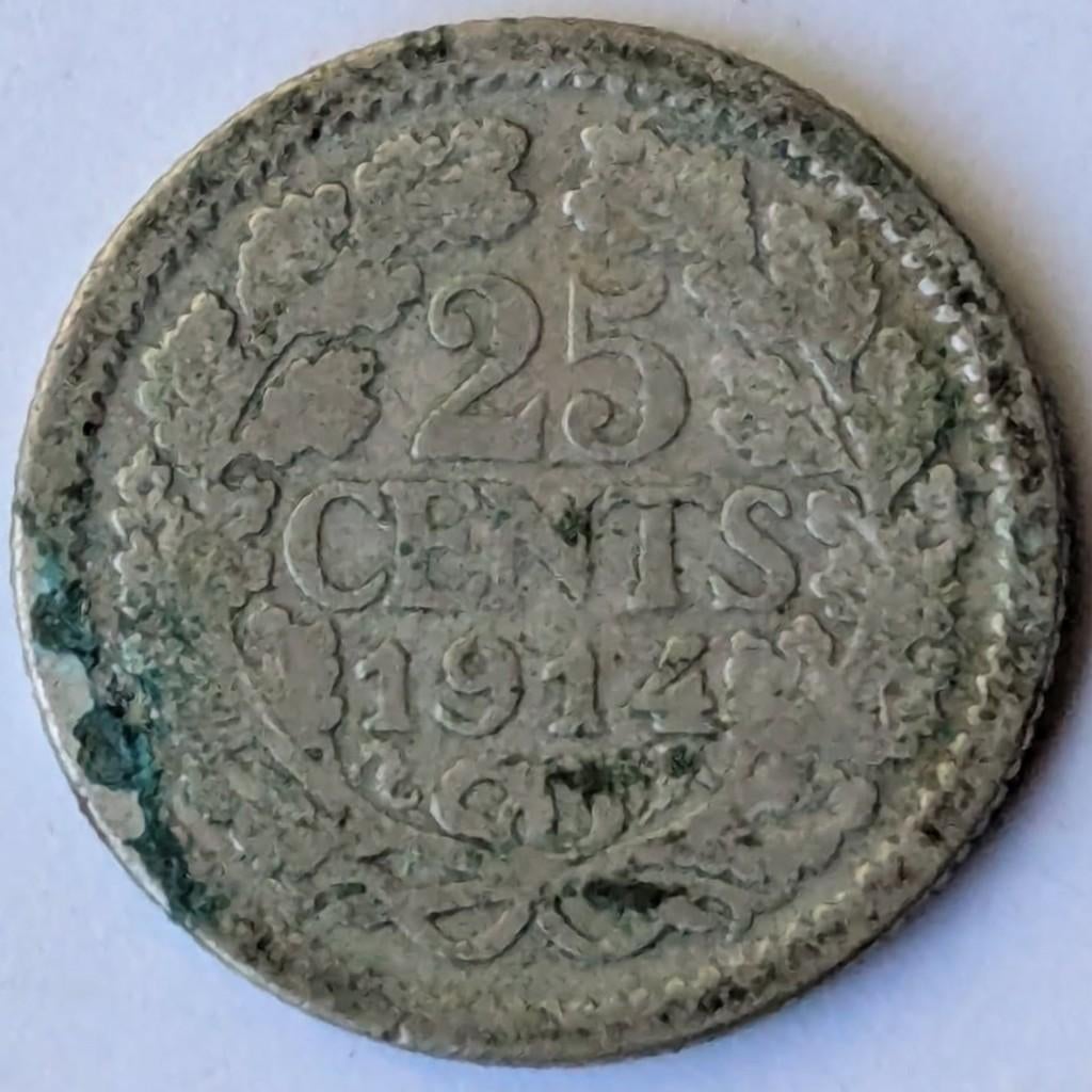 Nederland - 25 cent - 1914 - zilver, Reine Wilhelmine, Monnaie en vrac, Argent, Enlèvement