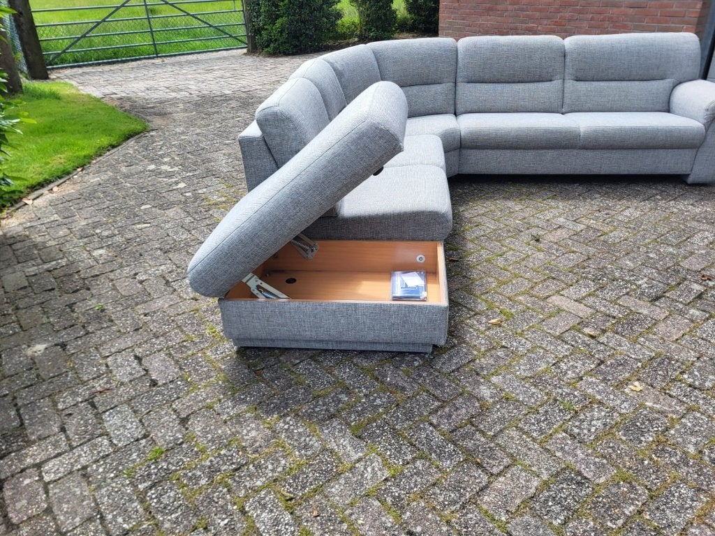 Grijze stoffen Hoekbank met Opbergruimte, Gebruikt, 125 cm of meer, 125 cm of meer, Ophalen of Verzenden