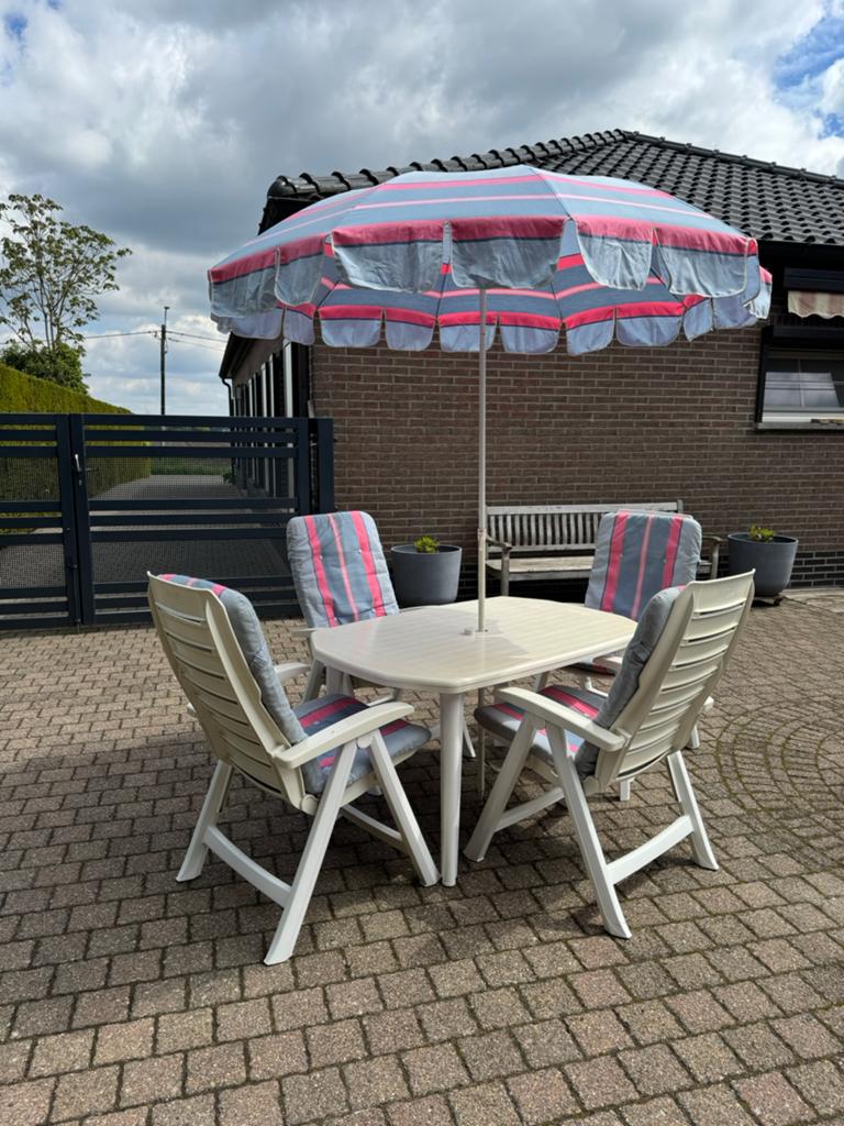 Chaises de jardin + table + parasol + coussins HARTMAN, 1 à 2 mètres, Comme neuf, Enlèvement, Autres types
