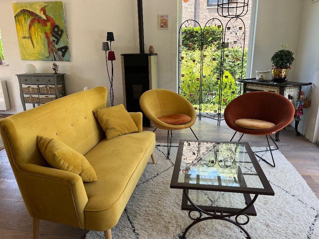 Woonkamer (bank, fauteuils, salontafel), Huis en Inrichting, Ophalen, Zo goed als nieuw, Stof, Vintage