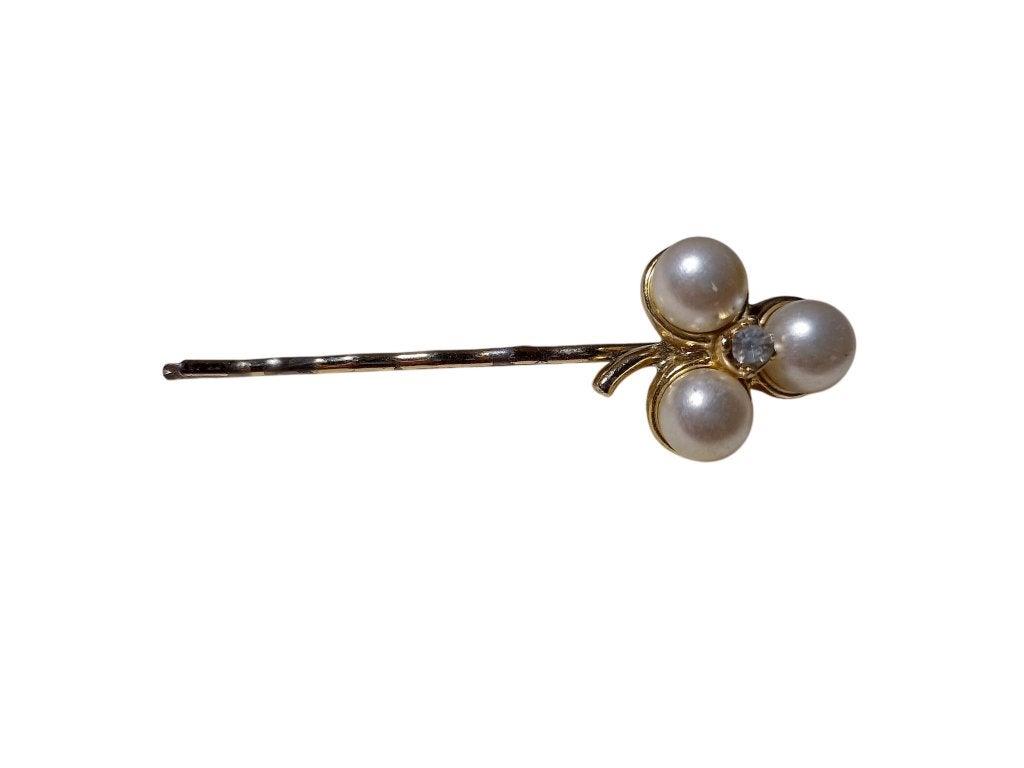 Pince à cheveux plaqué or, 3 perles 1 zircon vintage 50, Bijoux, Sacs & Beauté, Enlèvement, Autres matériaux, Autres types