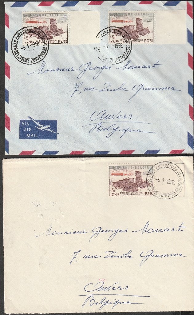 2 brieven Belgische Zuidpoolbasis 5.1.1958, Postzegels en Munten, Verzenden, Brief
