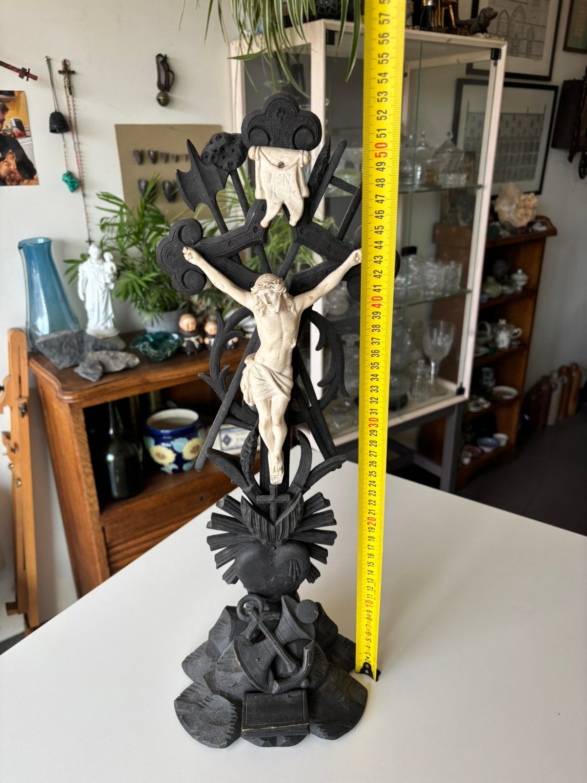 Groot antiek houten kruisbeeld 53,5cm, Ophalen