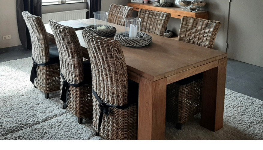 Eettafel teak met 6 stoelen en kussens, Ophalen