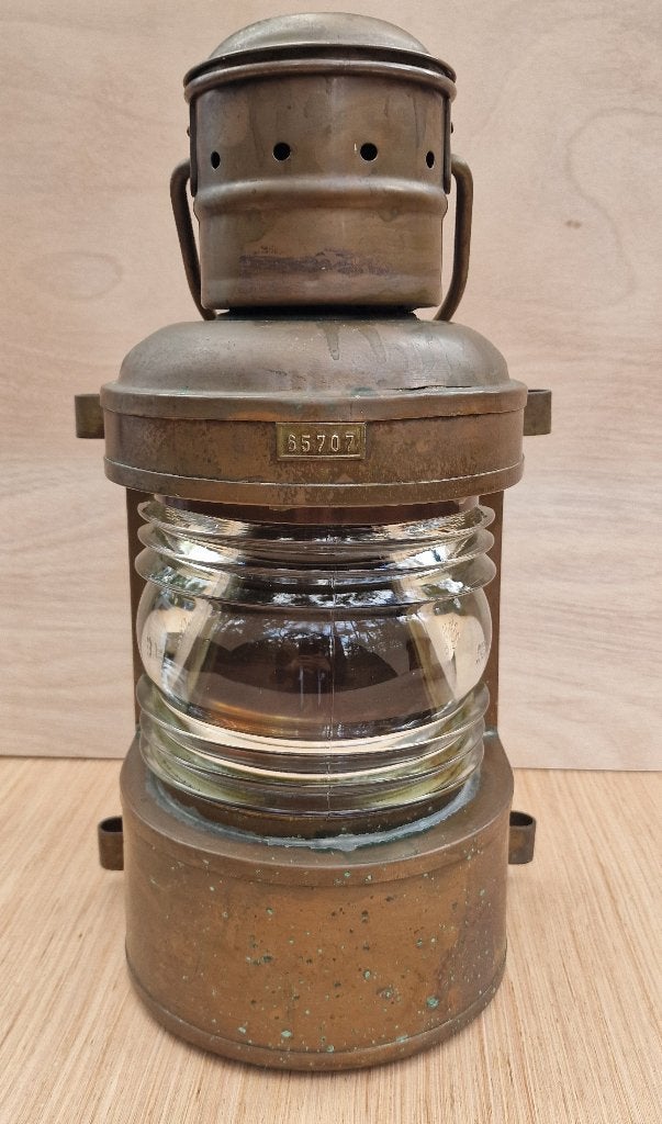 koper scheepslamp J.H. Peters & Bey Hamburg maritiem antiek, J.H. Peters & Bey, Hamburg, Gebruikt, Gebruiksvoorwerp, Ophalen of Verzenden