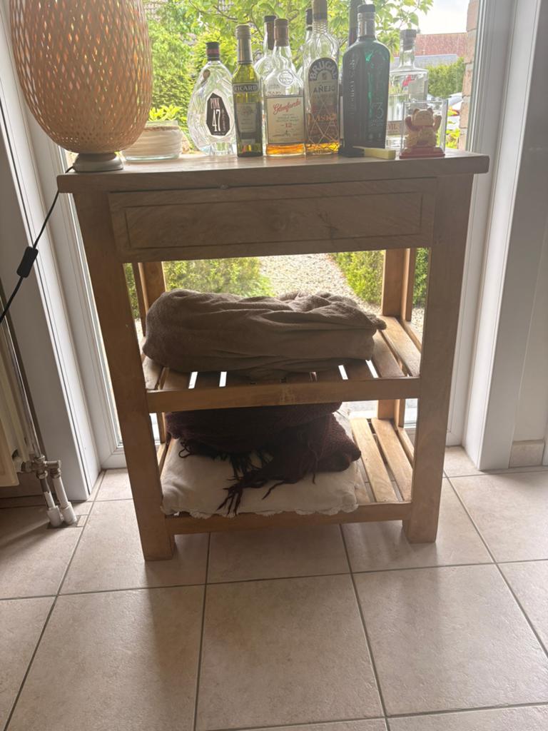 houten bijzettafel / sidetable met lade en opbergrekken, Huis en Inrichting, Ophalen, Gebruikt