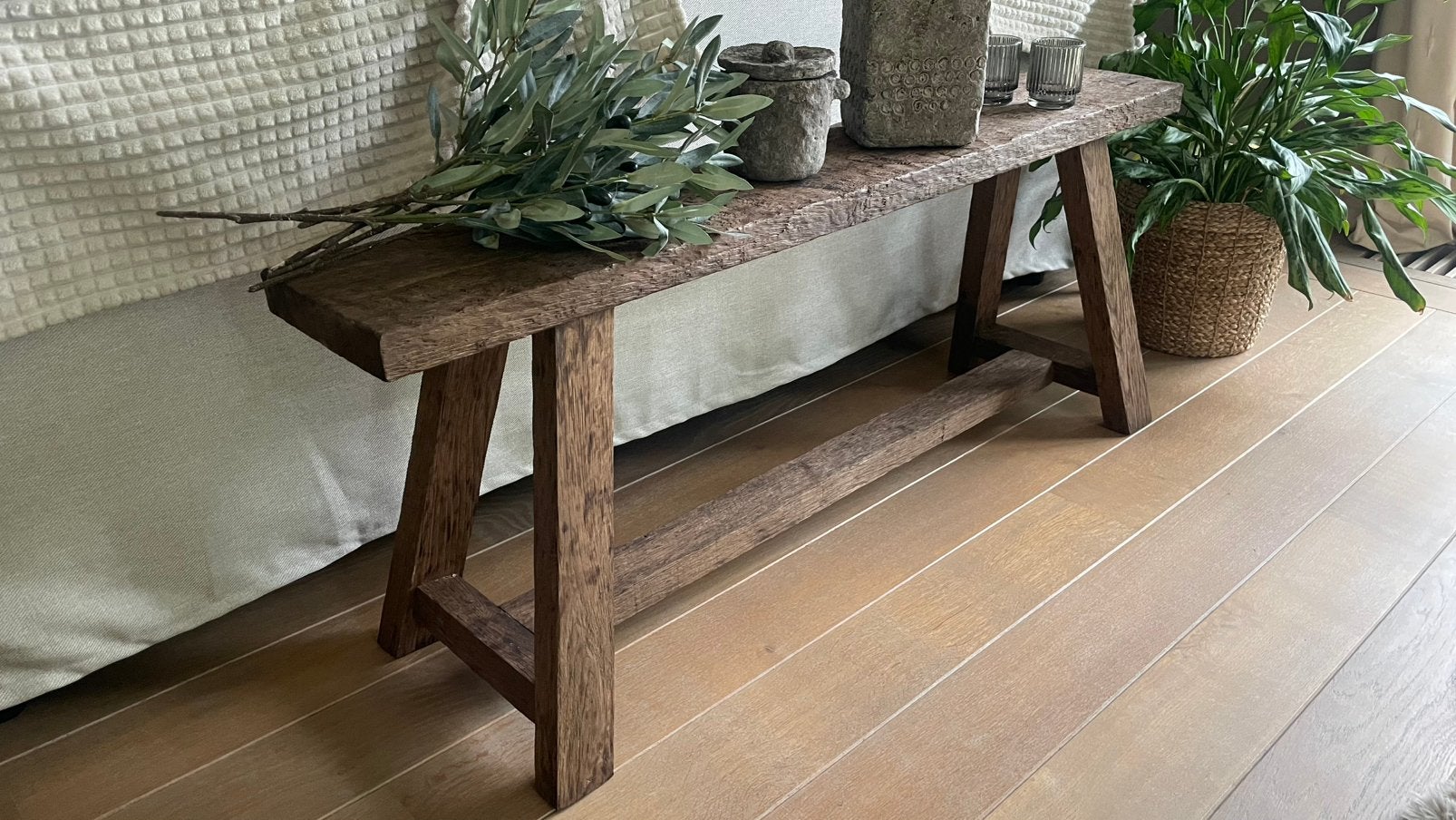 Handgemaakt bankje van massief eikenhout, Huis en Inrichting, Tafels | Sidetables, Ophalen, Nieuw, Eikenhout