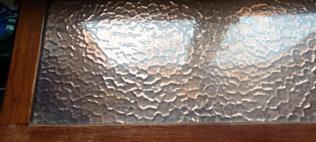 Salontafel, hout met koperen blad en glas als beschermlaag, Enlèvement, Verre