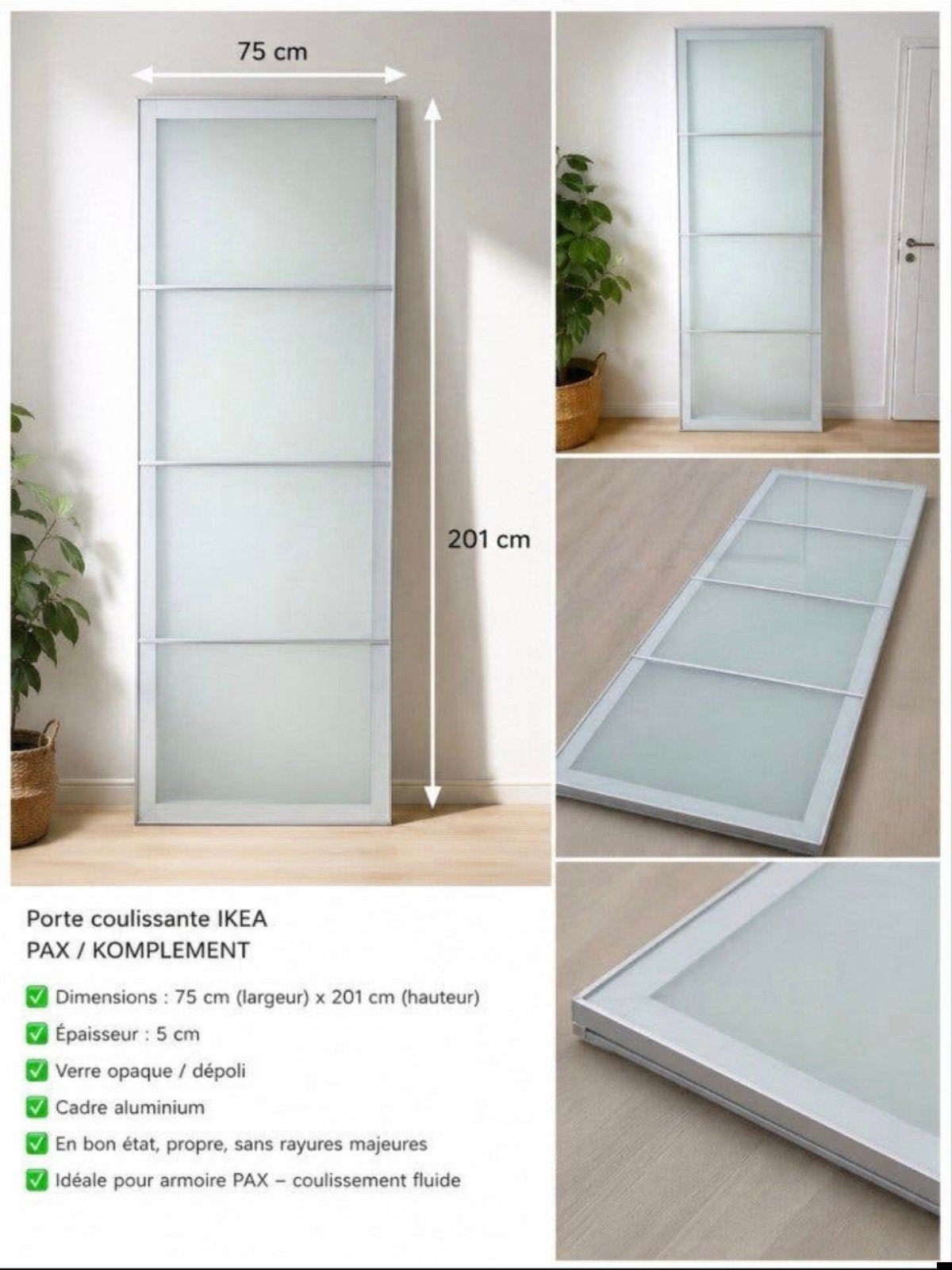 ikea pax 2 portes coulissantes alu & verre dépoli 75/201, Maison & Meubles, Enlèvement, Verre