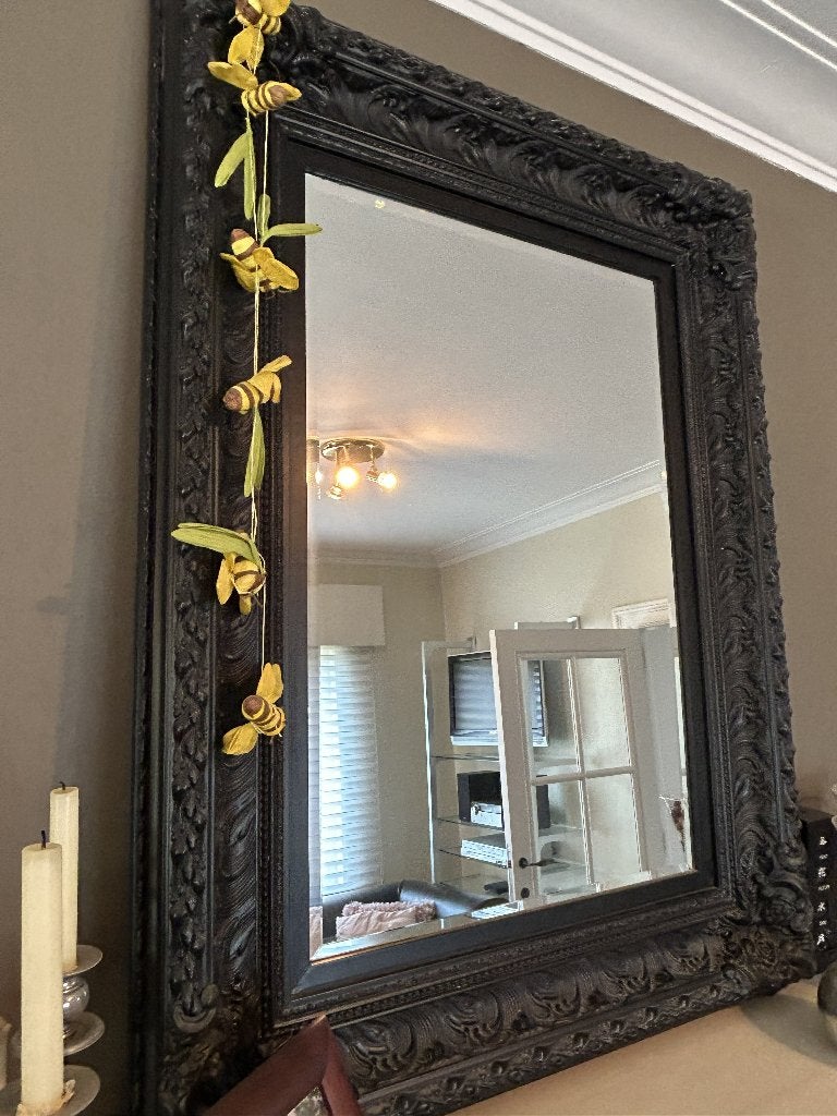 Decoratieve zwarte spiegel schouw, Huis en Inrichting, Ophalen, 100 tot 150 cm, Zo goed als nieuw, 75 tot 100 cm