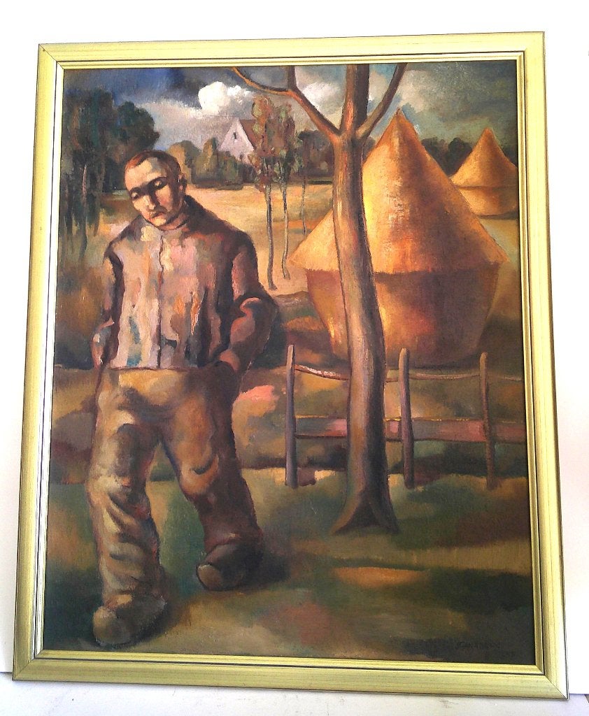 Mansfiguur in landschap - Johan Hubert Adams 1899-1970, Ophalen, Doek, Portret of Personen, Impressionistisch