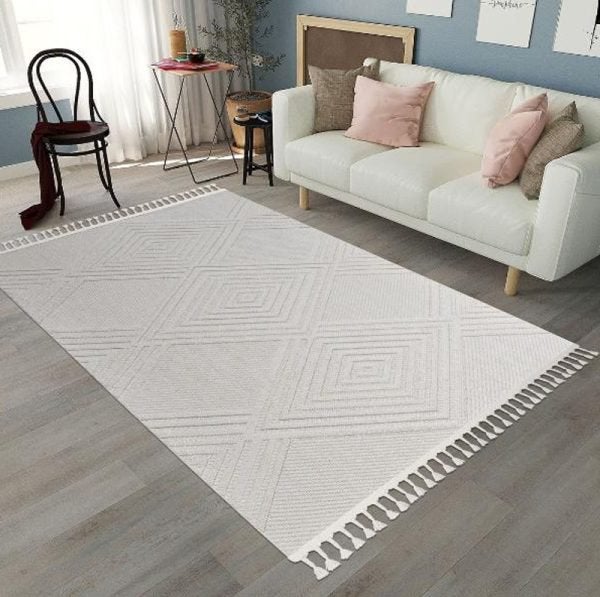 Grand tapis moderne blanc cassé – 200 x 290 cm, Huis en Inrichting, Stoffering | Vloerbedekking, Ophalen, Zo goed als nieuw, Wit