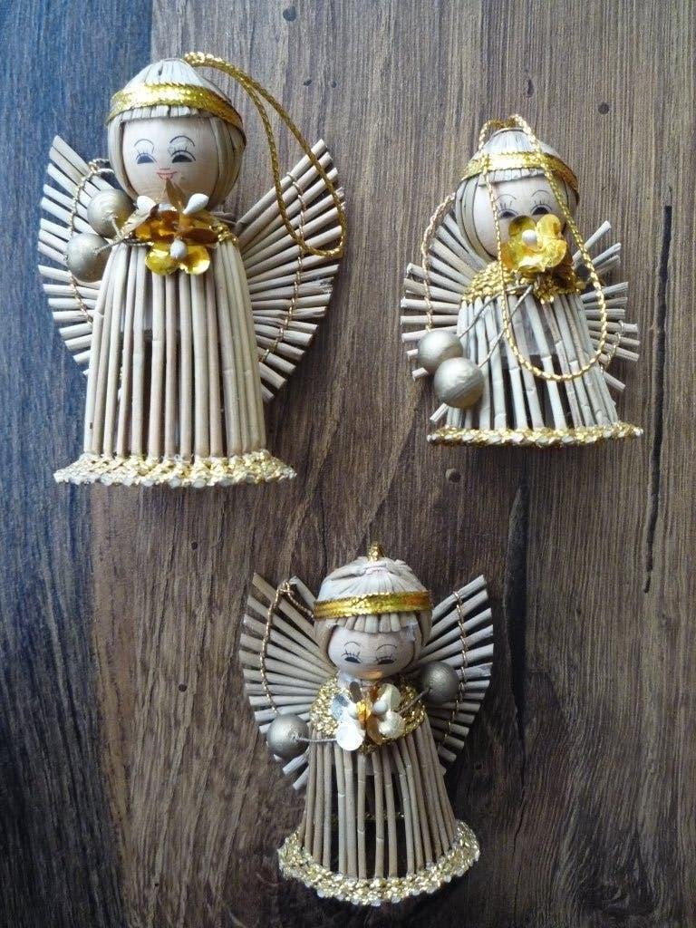 set van 3 rotan vintage retro brocante kerstengeltjes, Diversen, Ophalen of Verzenden, Gebruikt