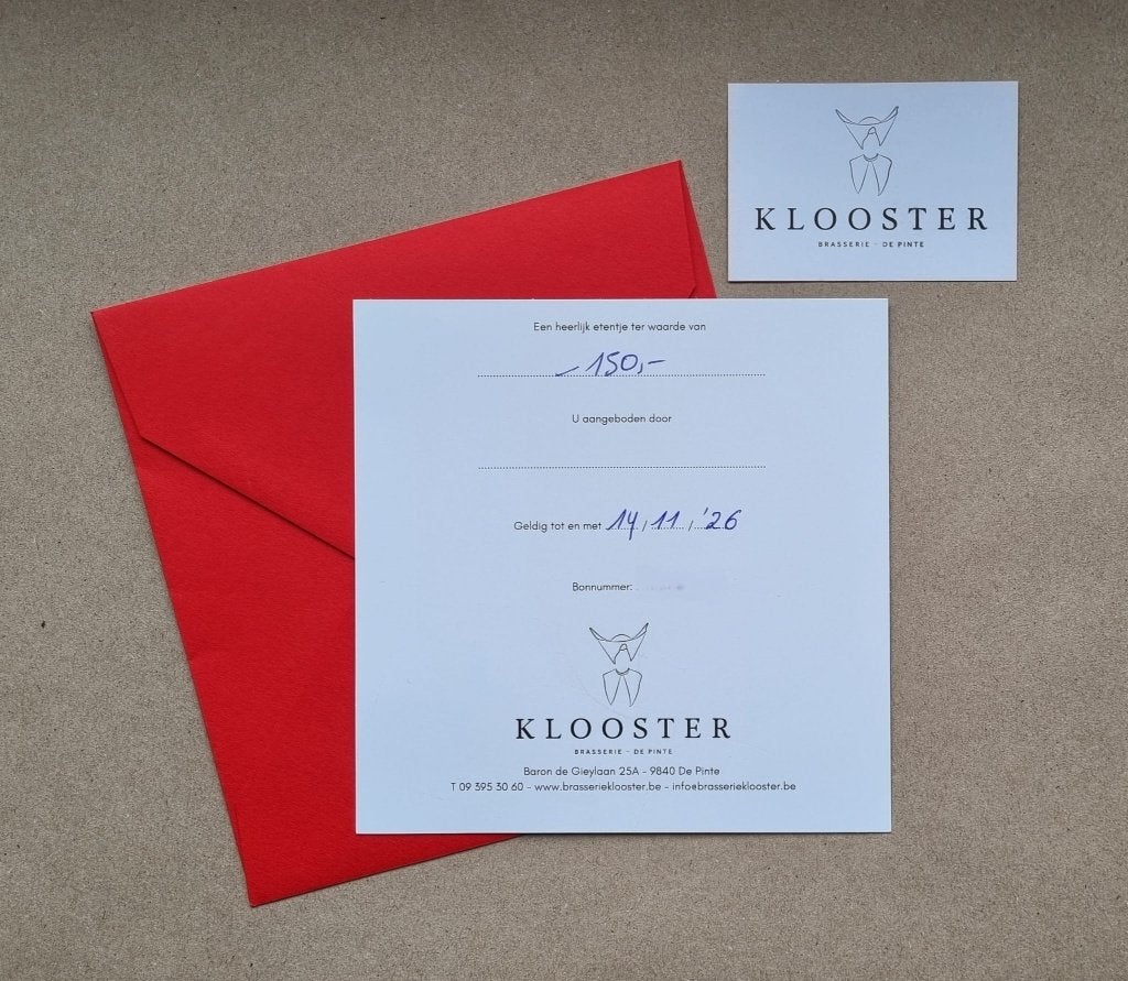 Cadeaubon brasserie Klooster in De Pinte t.w.v. 150 euro, Tickets & Billets, Réductions & Chèques cadeaux, Bon cadeau