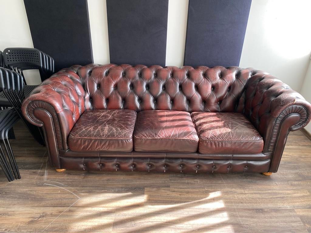 Chesterfield 3-zit, 2,15m, Ophalen, Gebruikt, Driepersoons, Leer