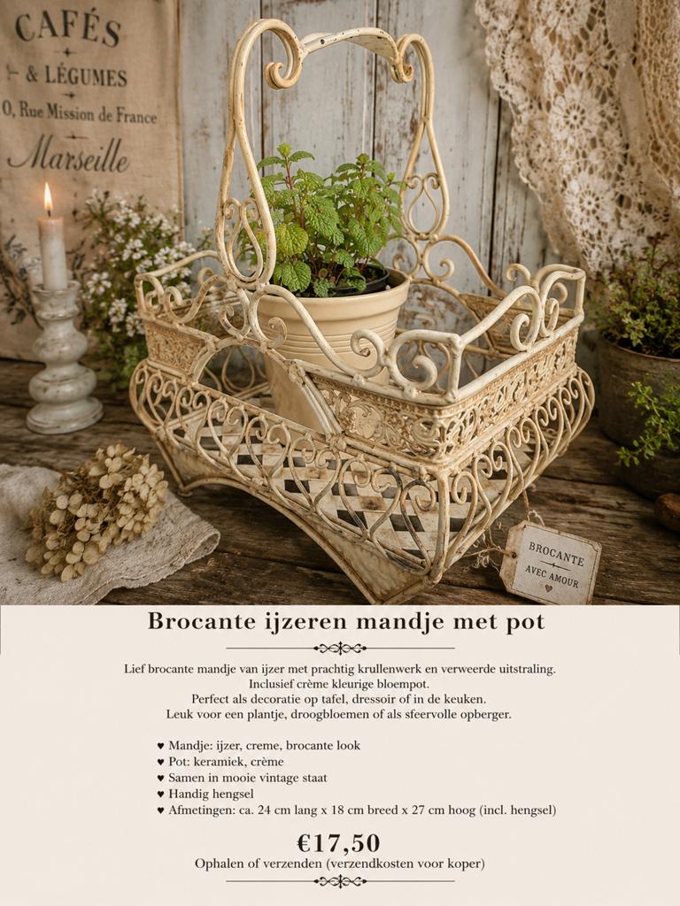 Brocante ijzeren mand met pot, Ophalen of Verzenden
