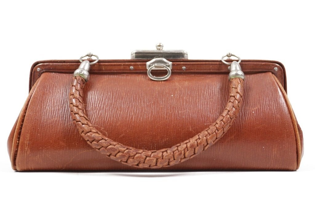 Klein art deco avondtasje bruin geribbeld leer - 1920, Ophalen, Dames
