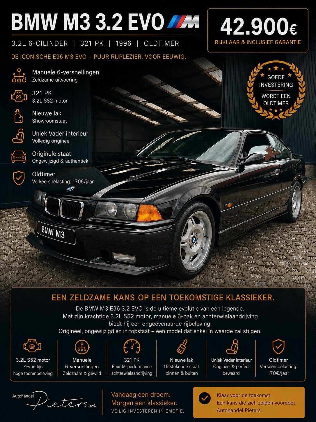 BMW M3 3,2 Evo - Manueel - OLDTIMER !, Auto's, Oldtimers, Achterwielaandrijving, Zwart, Zwart, Leder