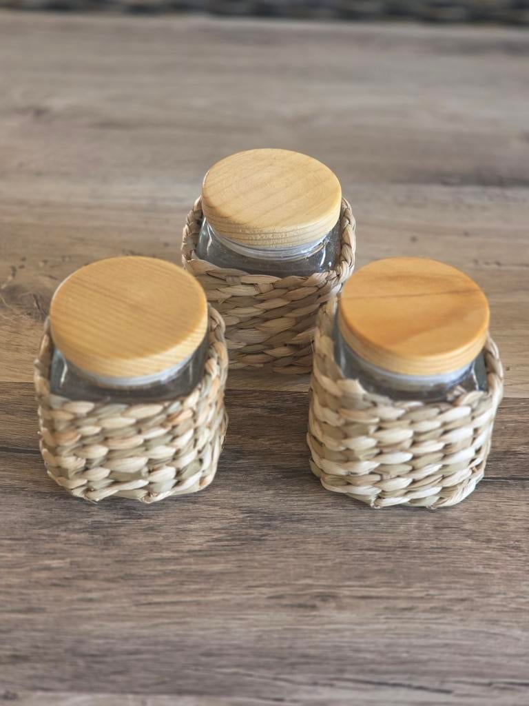3 glazen voorraadpotjes met houten deksel, Huis en Inrichting, Ophalen of Verzenden