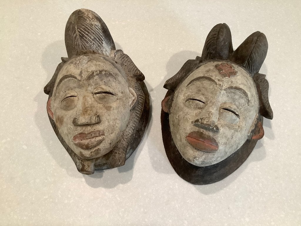 2 Afrikaanse maskers / Gabon / Punu, Antiek en Kunst, Hout, Bruin, Afrika, Masker