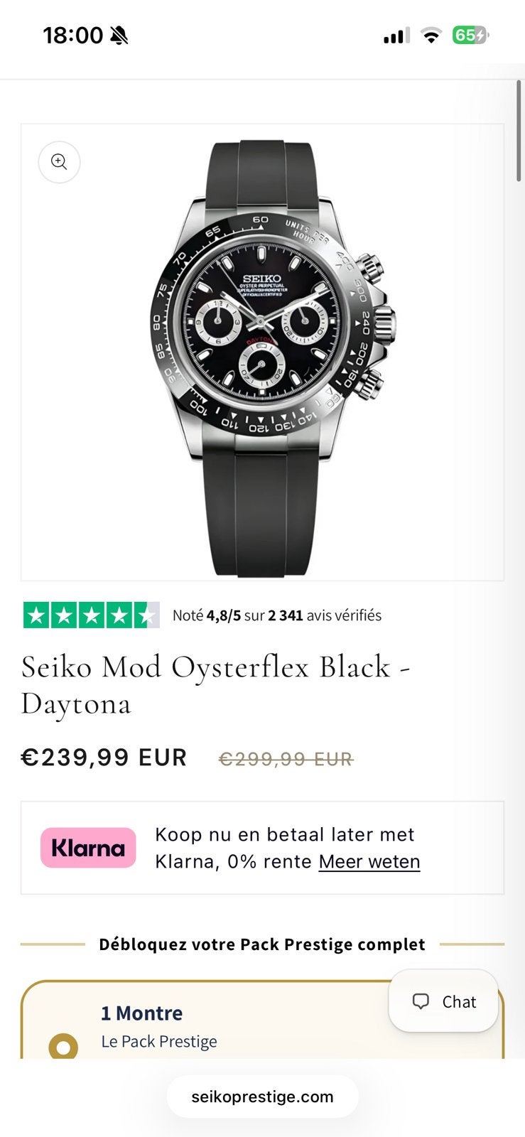 Seiko Mod Daytona Black Edition, Handtassen en Accessoires, Horloges | Heren, Staal, Polshorloge, Nieuw, Ophalen of Verzenden