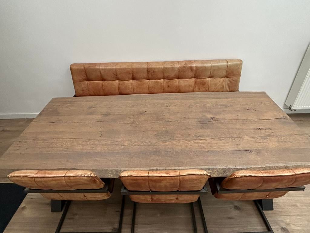 Tafel + bank + 3 stoelen + salontafel, Huis en Inrichting, Ophalen, Gebruikt