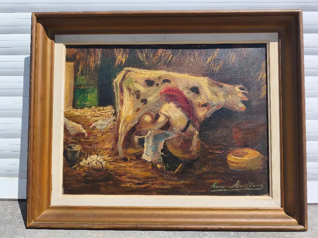 Huile sur toile la traite des vaches signe Anne Maillart, Antiquités & Art, Enlèvement ou Envoi