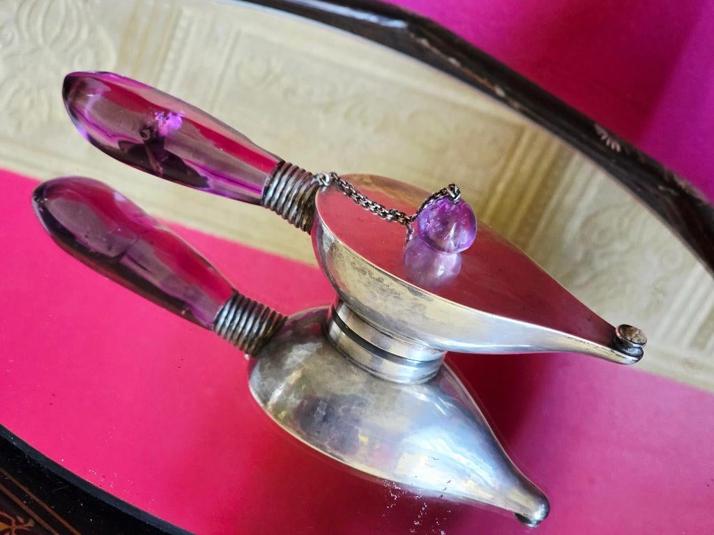 Antieke olielamp met handvat van amethistglass, Antiek en Kunst, Ophalen of Verzenden, Zilver