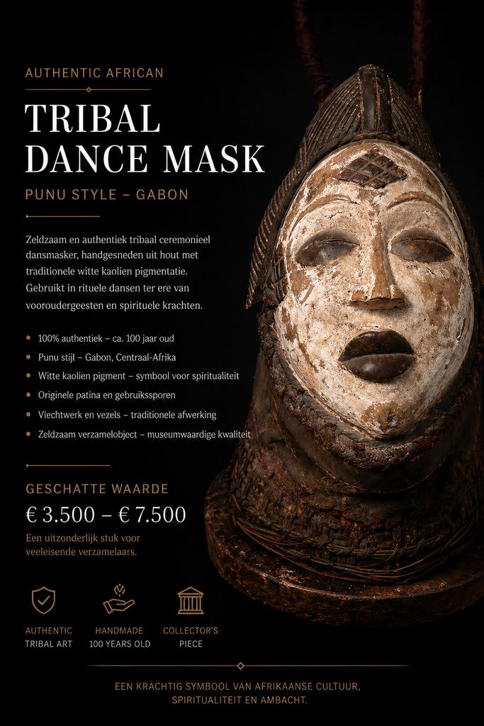 Masque de danse Punu d'occasion original du Gabon, Livres, Ésotérisme & Spiritualité, Comme neuf, Enlèvement ou Envoi