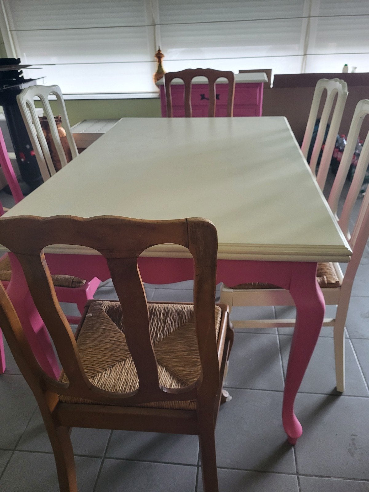 vintage tafel en 6 stoelen en kastje, Ophalen, Gebruikt