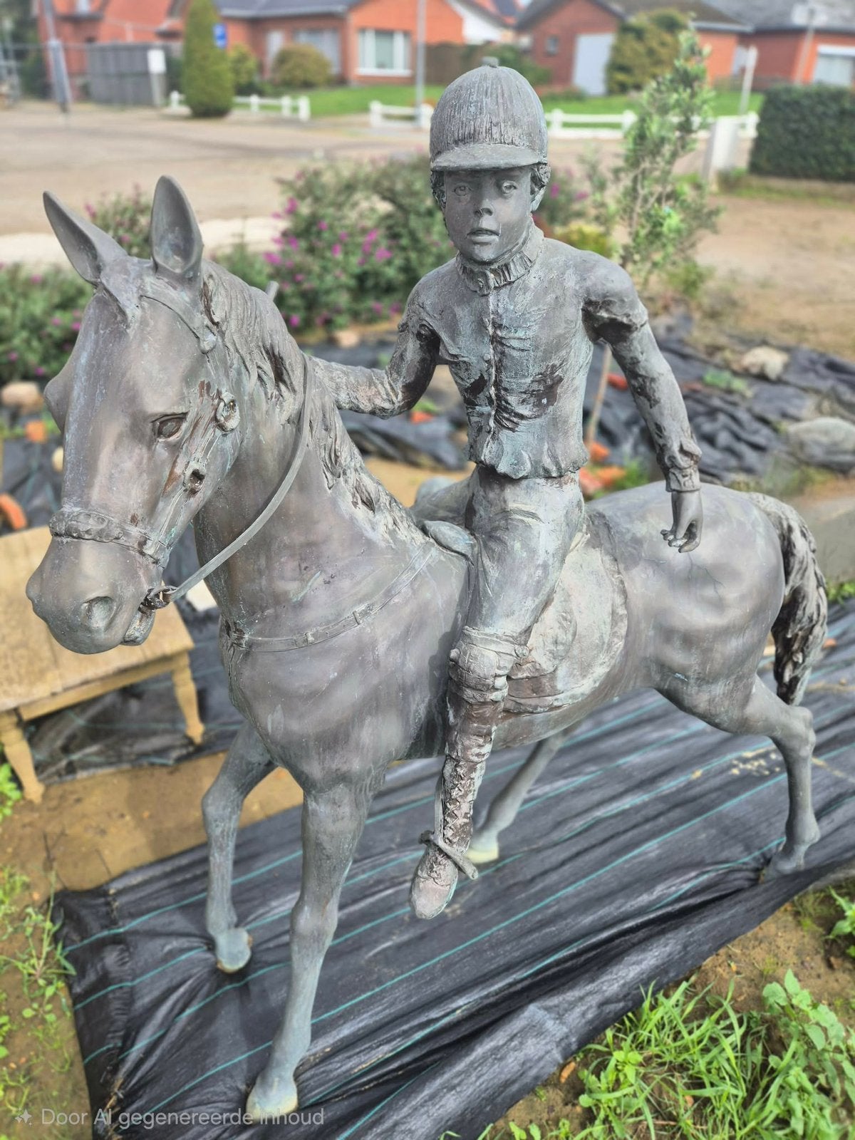 Grande statue de jardin en bronze avec cheval avec cavalier, Enlèvement, Comme neuf