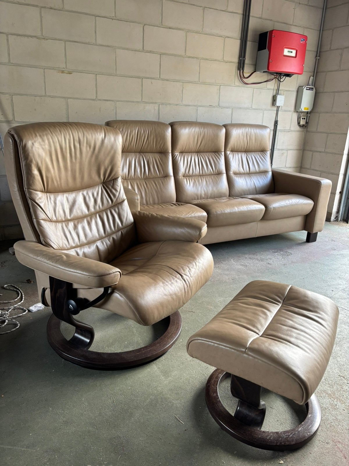 Siège 3 places Stressless avec fauteuil inclinable - cuir, Enlèvement ou Envoi, Comme neuf, Cuir, Fauteuil relaxzetel relax zetel relaxstoel relax stoel bank