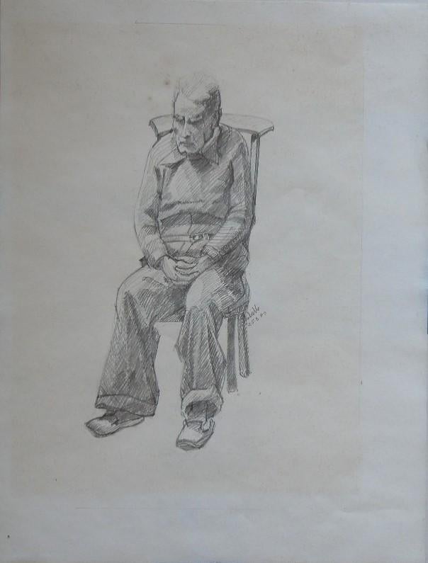 Juliette potloodtekening "Zittende Oude Man" 1987 gesigneerd, Ophalen