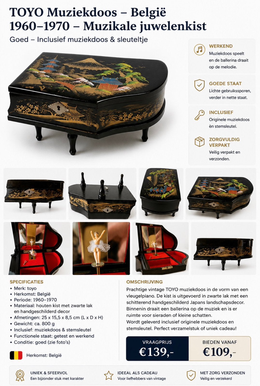 Vintage TOYO Muziekdoos Sieradendoos Piano met Ballerina, Electroménager, Enlèvement, Comme neuf