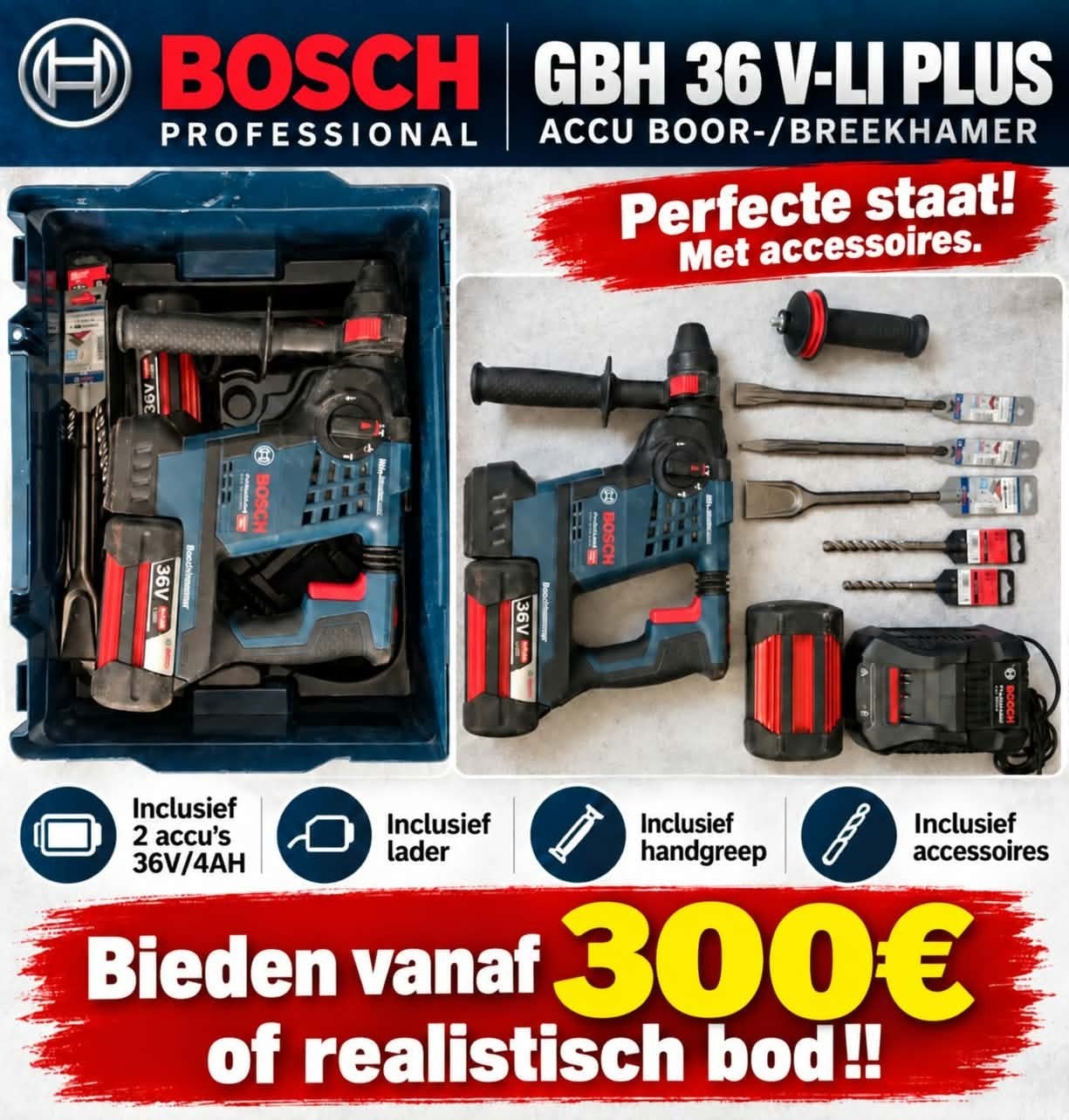 BOSCH ACCU-BOORMACHINE GBH36V-LI PLUS. Compleet! BIEDEN!!!, Ophalen, Zo goed als nieuw, Accuboormachine, Bosch