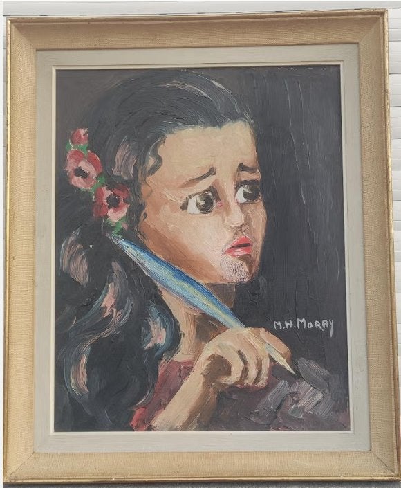 Huile sur toile jeune fille signe m h moray, Antiquités & Art, Enlèvement ou Envoi, Dessin, Toile